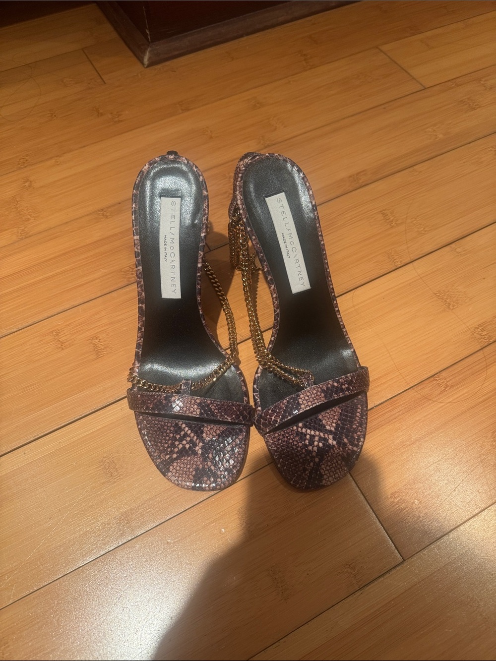 Stella McCartney Pink Snake-Print Chain-Strap Heels with Gold Chain Detail